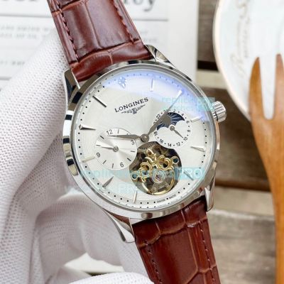 Hot Sale Replica Longines Watch Silver Grey Dial Stainless Steel Case Brown Leather Strap Men's Watch 43mm